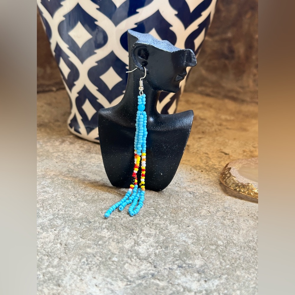 💕Blue Yellow Red Beaded Tassel Earrings